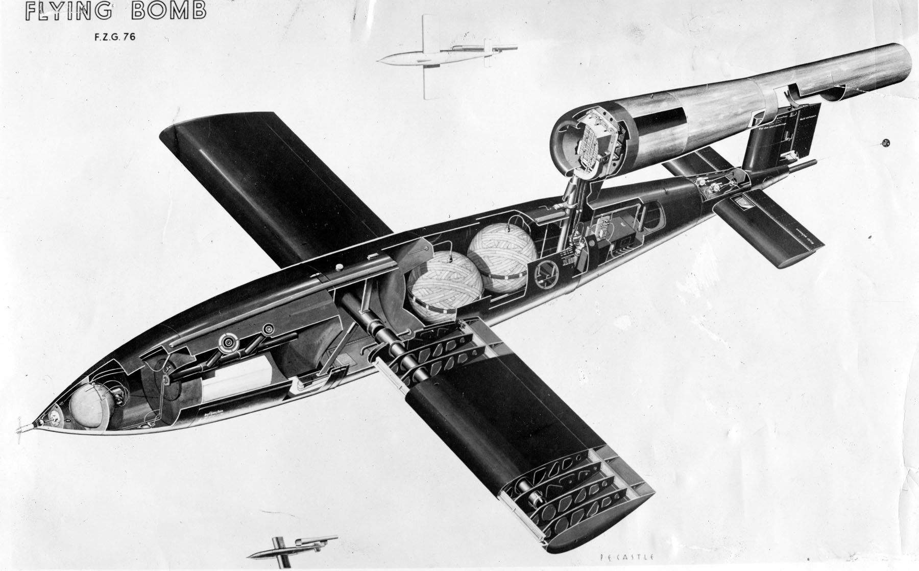 Figure 6: Illustration of a V1 flying bomb. The V stands for 'vergeltungswaffen' (vengeance weapon) and was used to terrorize London civilians in the second world war.